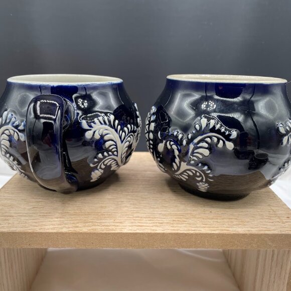 Set of 4 Wick-Werke Germany Cobalt Blue Mugs Cups Floral Leaves Pineapples - Picture 4 of 15